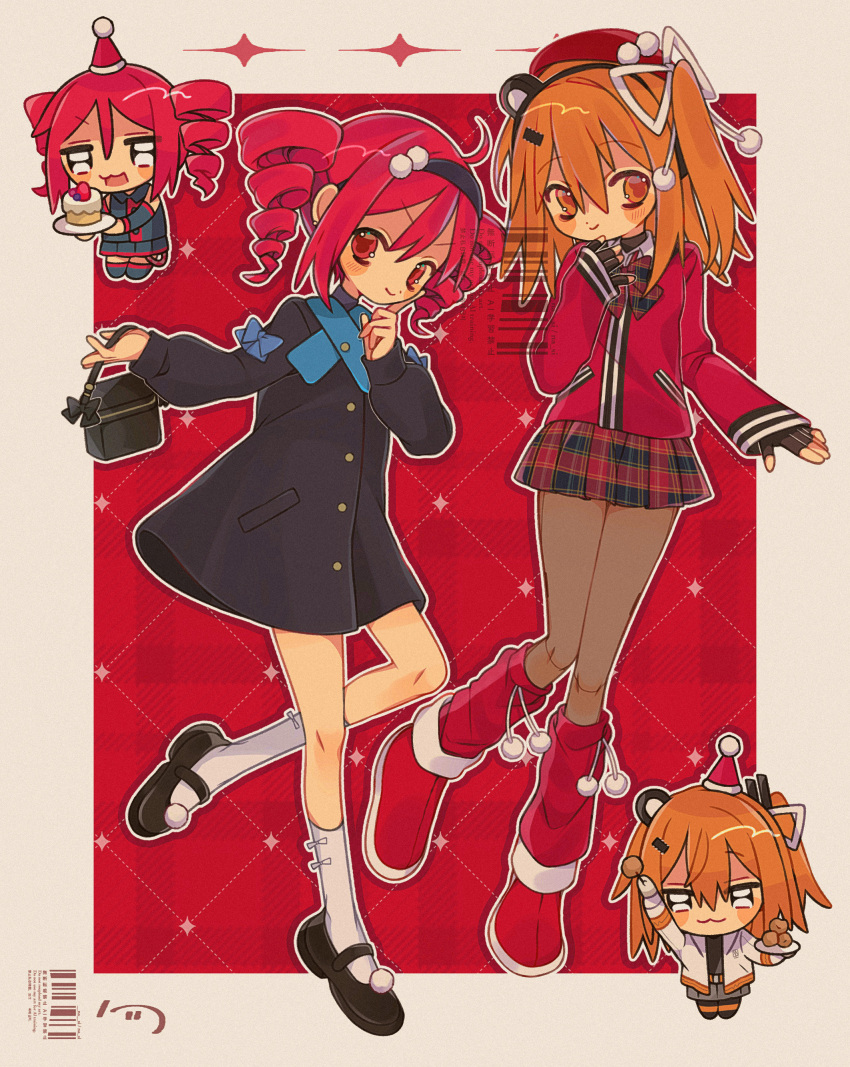 2girls, :3, a.i._voice, absurdres, adachi_rei, bag, beret, blush_stickers, bow, cake, chibi, chibi_inset, chicken_(food), coat, doll_joints, drill_hair, fashion, fingerless_gloves, food, fried_chicken, full_body, gloves, hair_ribbon, hairband, handbag, hat, highres, holding, holding_bag, holding_food, holding_plate, index_finger_raised, jacket, joints, kasane_teto, leg_warmers, long_sleeves, looking_at_viewer, mary_janes, multiple_girls, nasi_(na_si), one_side_up, orange_eyes, orange_hair, pantyhose, party_hat, plaid_clothes, plaid_skirt, plate, pom_pom_(clothes), pom_pom_footwear, red_eyes, red_hair, ribbon, shoes, skirt, smile, socks, standing, standing_on_one_leg, twin_drills, twintails, utau