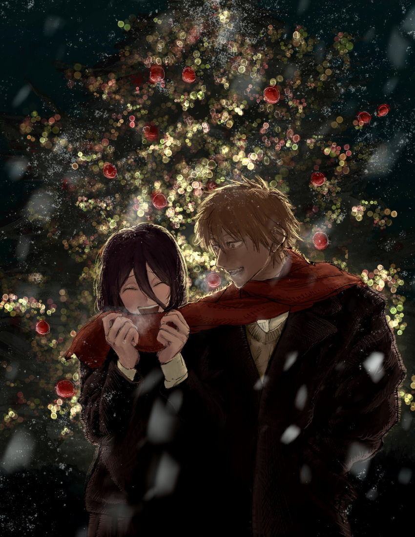 1boy, 1girl, absurdres, black_coat, blonde_hair, blush, chainsaw_man, christmas