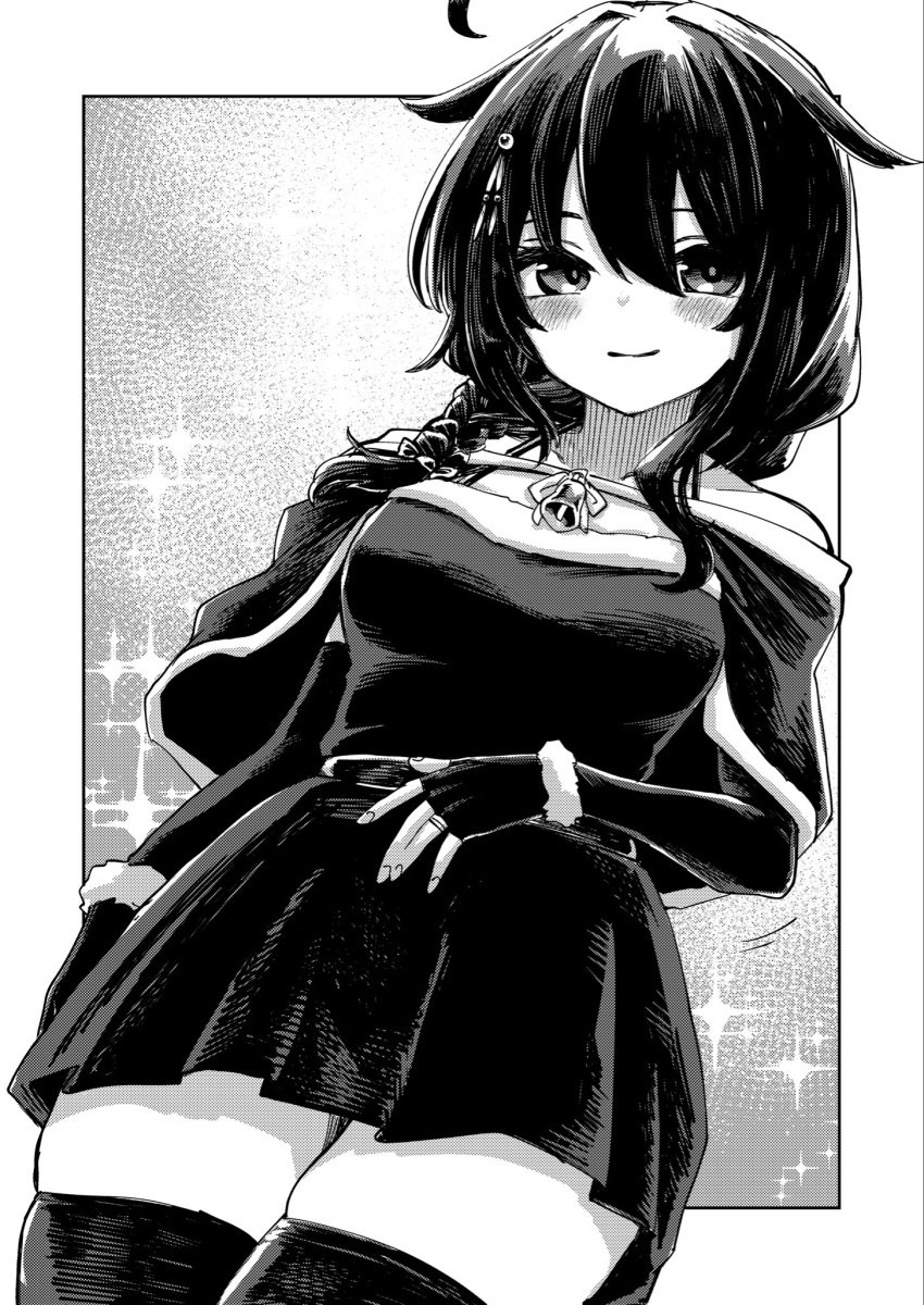 1girl, ahoge, alternate_costume, braid, capelet, dress, elbow_gloves, fingerless_gloves