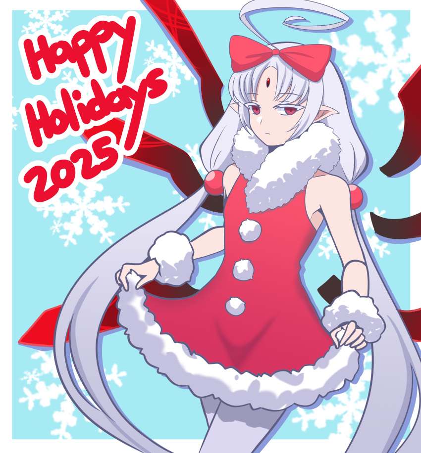 1girl, 2025, absurdres, ahoge, bare_shoulders, blue_background, border, bow