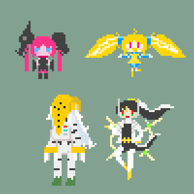 4girls, arceus, black_hair, blonde_hair, colored_skin, commentary, drago_(kasugai_(de-tteiu)), eleki_(kasugai_(de-tteiu))