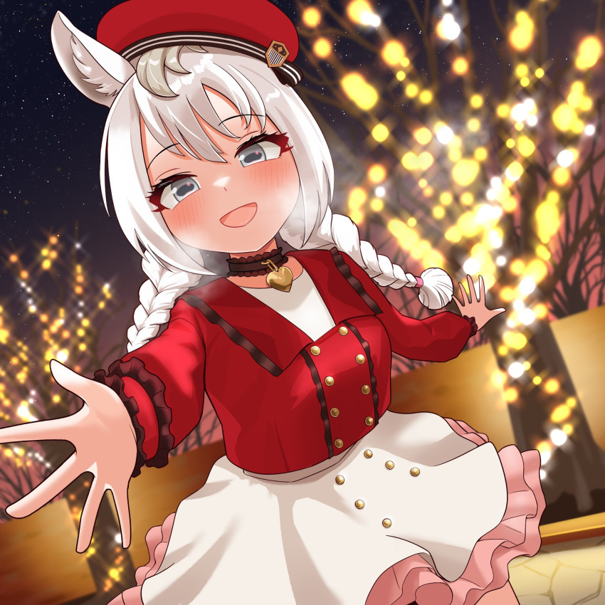 1girl, animal_ears, beret, black_choker, blush, braid, breath, casual