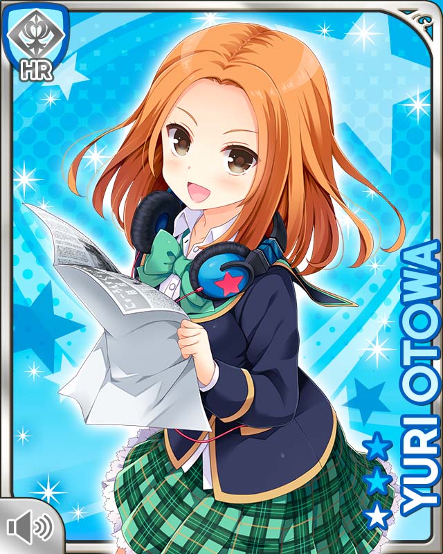 1girl, :d, blue_background, bow, bowtie, brown_eyes, brown_hair, card_(medium), character_name, girlfriend_(kari), green_bow, green_bowtie, green_skirt, headphones, headphones_around_neck, holding, holding_newspaper, jacket, looking_at_viewer, miniskirt, newspaper, official_art, otowa_yuri, plaid_clothes, plaid_skirt, pleated_skirt, qp:flapper, school_uniform, shirt, skirt, smile, solo, standing, white_shirt