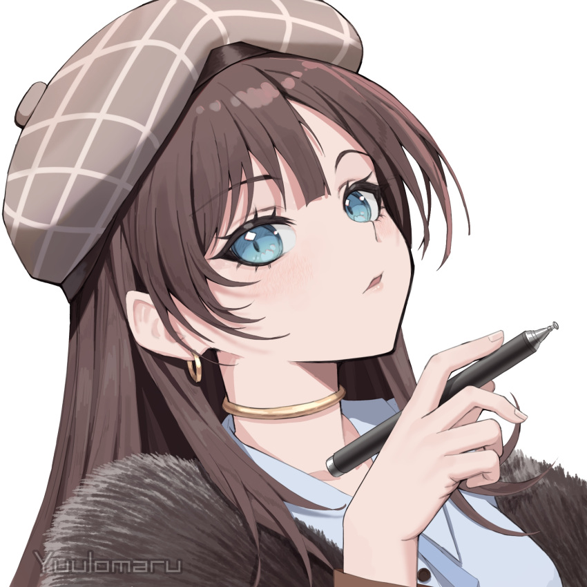 1girl, beret, blue_eyes, brown_hair, brown_hat, buttons, closed_mouth, coat