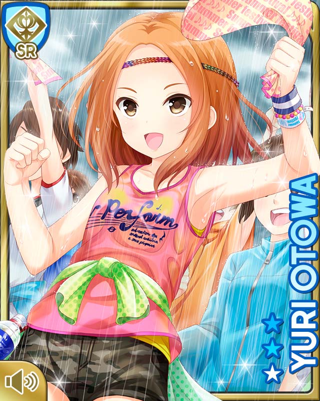 1girl, :d, armpits, brown_eyes, brown_hair, camouflage, camouflage_shorts, card_(medium)
