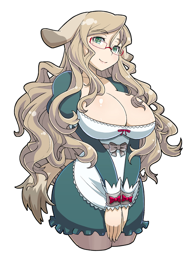 animal_ears, apron, bow, breasts, brown_hair, cleavage, cropped_legs, curvy, dog_ears, dog_tail, dress, face, glasses, green_eyes, haganemaru_kennosuke, hips, huge_breasts, long_hair, maid, mole, original, pantyhose, red-framed_glasses, simple_background, smile, solo, tail, v_arms, very_long_hair, wavy_hair, wide_hips, wrist_cuffs