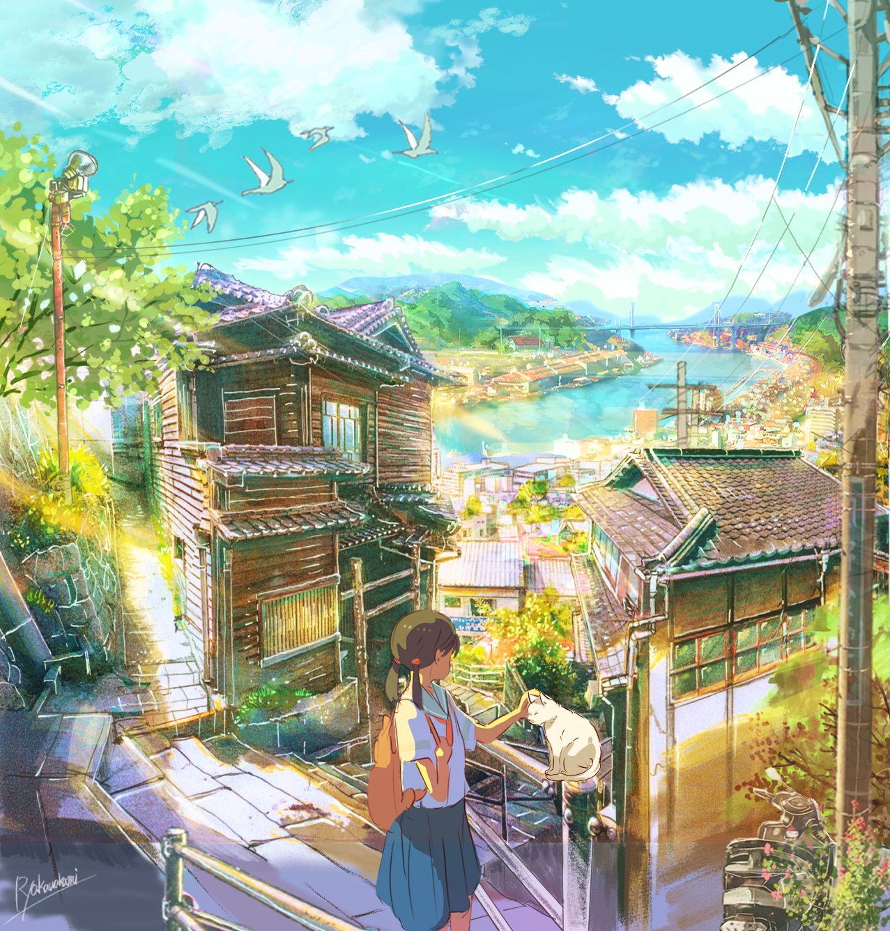 1girl, aqua_sailor_collar, backpack, bag, bird, blue_skirt, blue_sky, bridge
