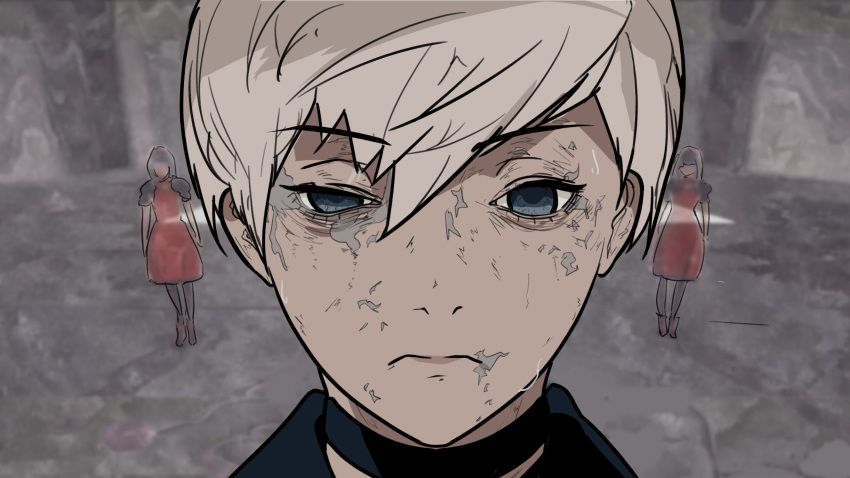1boy, 2girls, 9s_(nier:automata), blue_eyes, blurry, blurry_background, close-up, closed_mouth
