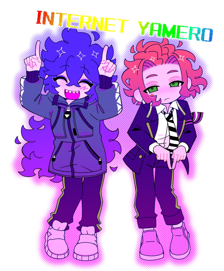 2boys, 3d_tansoku, :d, ahoge, arm_ribbon, bangs_pinned_back, ben-day_dots, black_jacket, black_pants, blank_stare, blazer, blue_eyeshadow, blue_hair, blue_jacket, blush, cater_diamond, collared_shirt, contrapposto, curtained_hair, dancing, deformed, diagonal-striped_clothes, diagonal-striped_necktie, diamond_(shape), diamond_facial_mark, expressionless, eyeshadow, facial_mark, fiery_hair, full_body, gold_trim, gradient_hair, green_eyes, grin, hair_between_eyes, half-closed_eyes, halftone, halftone_outline, hands_up, highres, idia_shroud, index_finger_raised, index_fingers_together, internet_yamero, jacket, knees_together_feet_apart, light_frown, long_hair, long_sleeves, looking_at_viewer, loose_necktie, makeup, male_focus, multicolored_hair, multiple_boys, necktie, night_raven_college_school_uniform, open_clothes, open_jacket, outline, pale_skin, pants, pants_rolled_up, partially_unzipped, pink_hair, pink_outline, purple_hair, purple_outline, ribbon, school_uniform, screentones, sharp_teeth, shirt, shirt_tucked_in, shoes, short_hair, simple_background, sleeves_past_wrists, smile, sneakers, song_name, standing, striped_clothes, teeth, thigh_gap, twisted_wonderland, upper_teeth_only, very_long_hair, wavy_hair, white_background, white_shirt, white_shoes, zipper, zipper_pull_tab