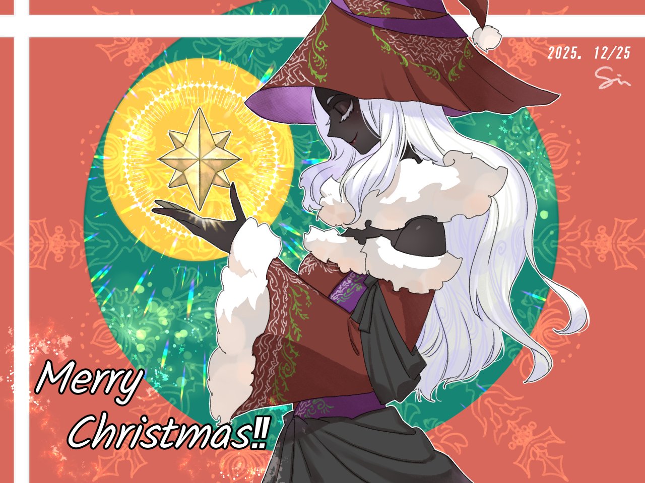 1girl, bare_shoulders, black_skin, christmas, closed_eyes, colored_eyelashes, colored_skin, commentary_request