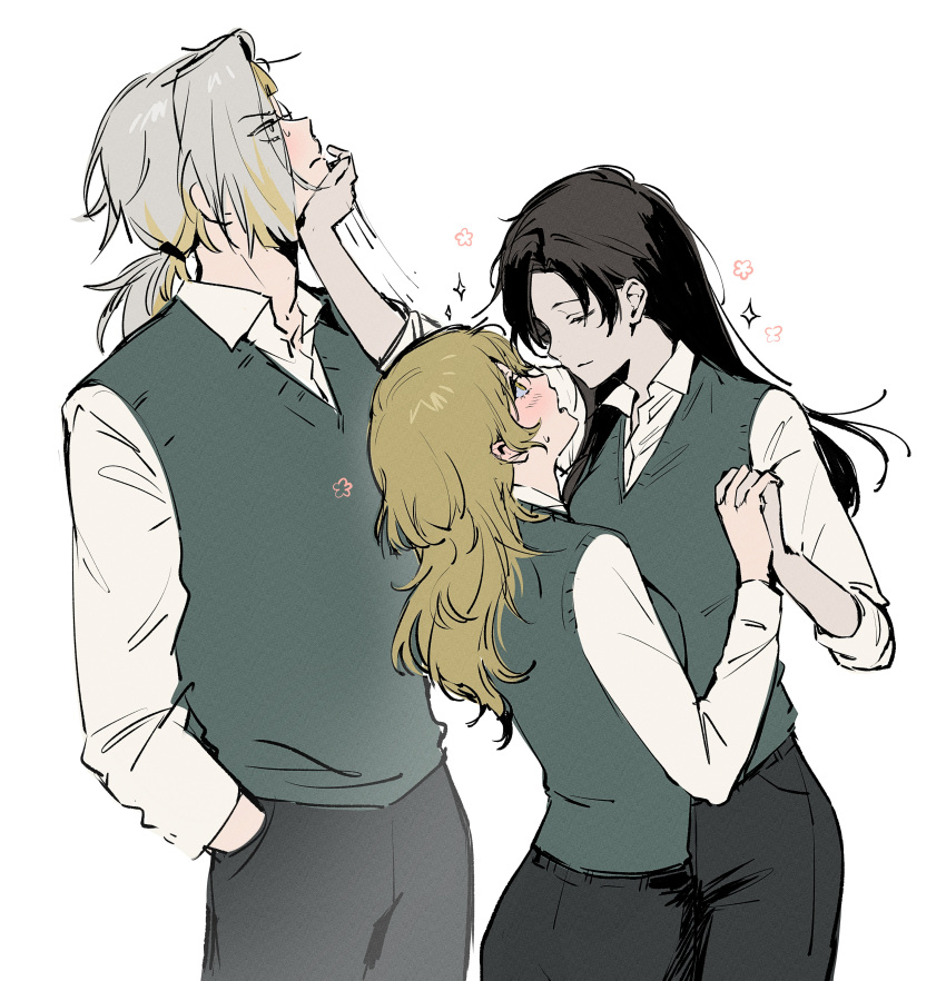 1boy, 2girls, 7011yu, absurdres, black_hair, black_pants, blonde_hair, blonde_streaks, closed_mouth, collared_shirt, cowboy_shot, demian_(project_moon), genderswap, genderswap_(ftm), genderswap_(mtf), green_sweater_vest, highres, kromer_(project_moon), limbus_company, long_hair, looking_at_viewer, low_ponytail, multiple_girls, open_mouth, pants, ponytail, project_moon, pushing_away, shirt, sinclair_(project_moon), smile, sparkle, sweater_vest, white_hair, white_shirt, yellow_eyes