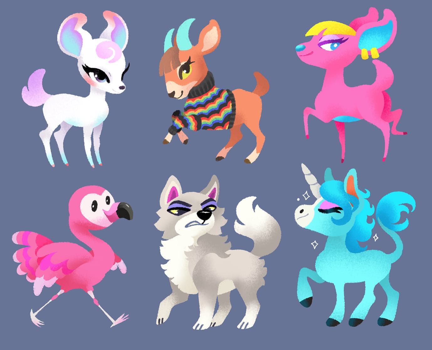 2boys, 4girls, animal_crossing, bird, blue_horse, brown_fur, deer, diana_(animal_crossing)