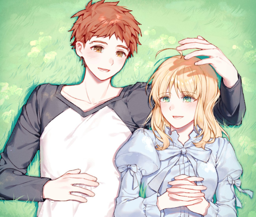1boy, 1girl, artoria_pendragon_(fate), avalon_(fate), baboteolsegongsa, blonde_hair, blue_dress, couple, dress, emiya_shirou, fate/stay_night, fate_(series), grass, happy, last_episode_(fate), on_grass, red_hair, saber_(fate), shirt, smile, t-shirt