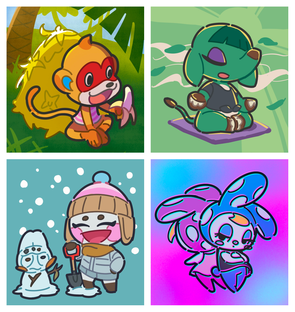 1boy, 4girls, animal_crossing, back-to-back, character_snowman, chrissy_(animal_crossing), commentary_request, eating