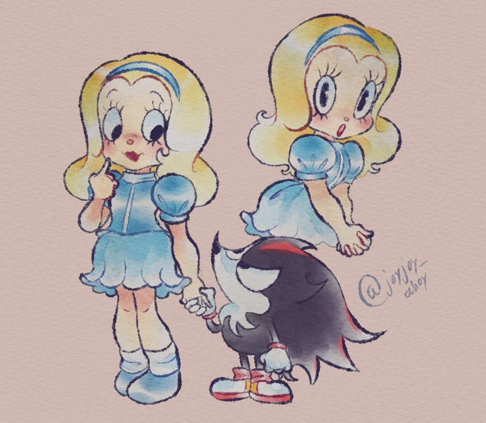 1930s_(style), 1boy, 1girl, blue_dress, blue_headband, blush, commentary, dress