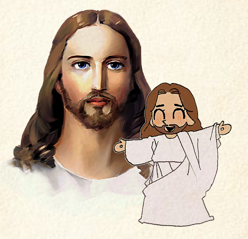 1boy, ^_^, beard, blue_eyes, blush, brown_hair, chibi, chibi_inset, closed_eyes, commentary, expressionless, facial_hair, francepaprika, full_beard, highres, hole_in_hand, jaggy_lines, jesus, korean_commentary, long_hair, long_sleeves, looking_at_viewer, male_focus, multiple_views, open_mouth, outline, outstretched_arms, parted_hair, portrait, raised_inner_eyebrows, realistic, robe, standing, the_bible, triangle_mouth, white_background, white_outline, white_robe, wide_sleeves