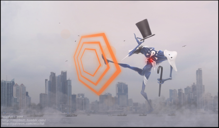 1other, 2016, 3d, angel_(evangelion), armor, artist_name, at_field, beak, bird, blue_skin, boat, bone_mask, building, cane, chest_jewel, city, cityscape, clouds, cloudy_sky, colored_skin, dancing, dated, day, elbow_spikes, english_commentary, fog, gem, giant, glowing, glowing_gem, hat, holding, holding_cane, kaiju, looney_tunes, michigan_j_frog, miziful, neon_genesis_evangelion, no_humans, ocean, outdoors, parody, pinky_out, pose_imitation, radio_antenna, red_gem, ribs, sachiel_(evangelion), science_fiction, ship, shoulder_armor, sky, skyscraper, solo, spikes, standing, standing_on_one_leg, top_hat, warner_bros., water, watercraft