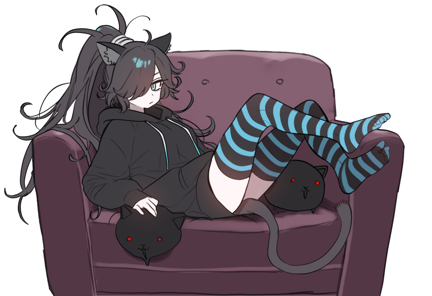 1girl, absurdres, animal_ear_fluff, animal_ears, black_hair, black_hoodie, black_thighhighs, blue_eyes
