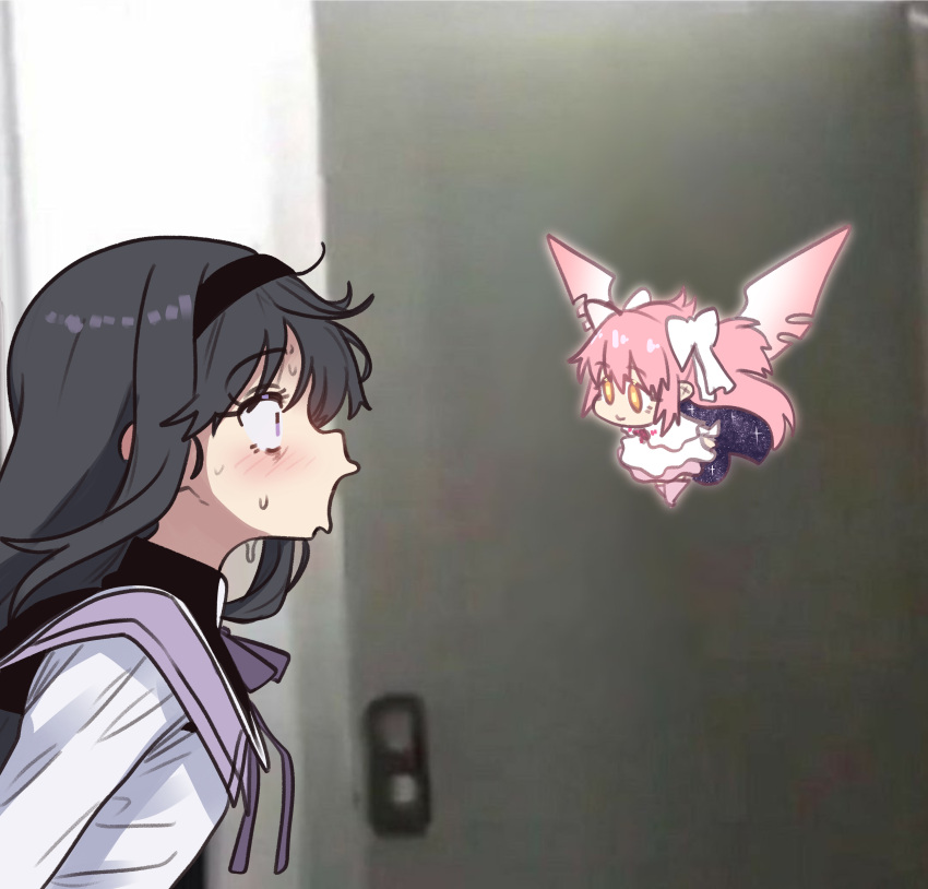 2girls, absurdres, akemi_homura, akemi_homura_(magical_girl), black_hair, black_headband, blush, chibi