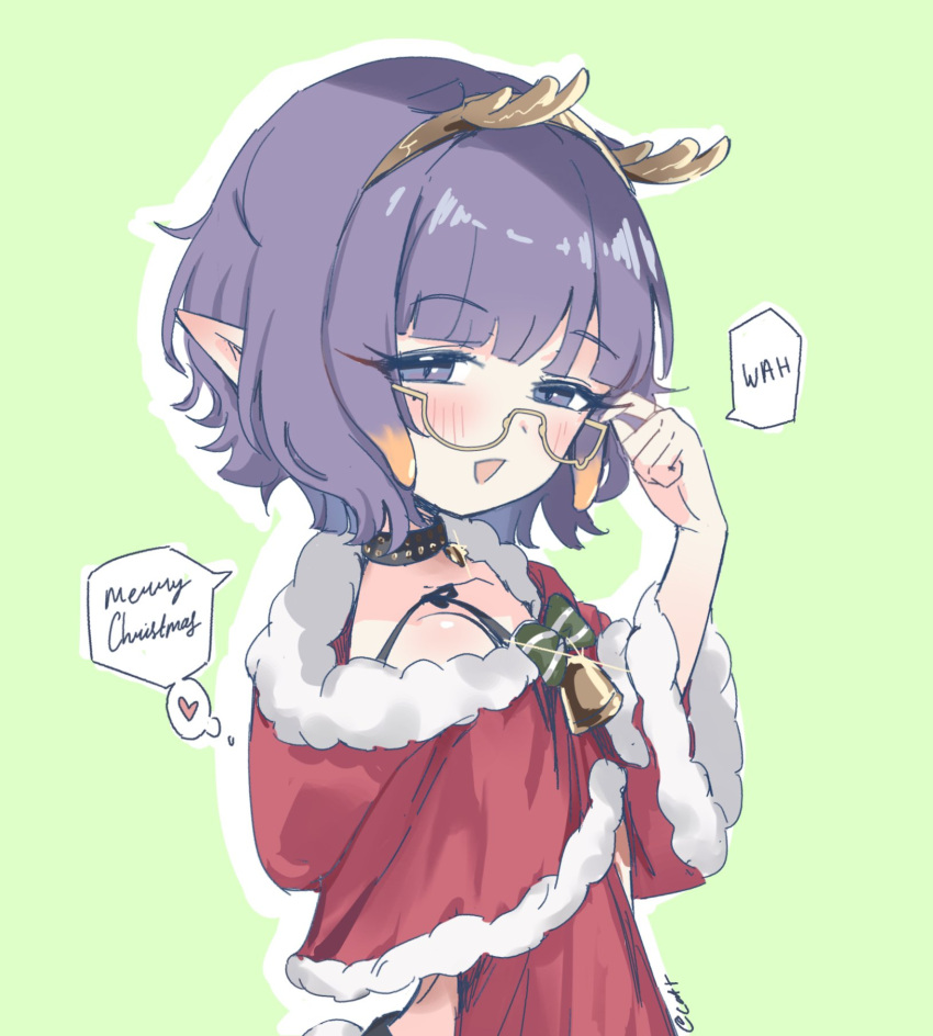 1girl, alternate_costume, antlers, bare_shoulders, bell, blush, cattocut, choker, christmas, commentary, dress, english_commentary, english_text, glasses, green_background, highres, hololive, hololive_english, horns, looking_at_viewer, mole, mole_under_eye, ninomae_ina'nis, open_mouth, pointy_ears, purple_hair, red_dress, reindeer_antlers, santa_costume, santa_dress, smile, solo, speech_bubble, tentacle_hair, violet_eyes, virtual_youtuber