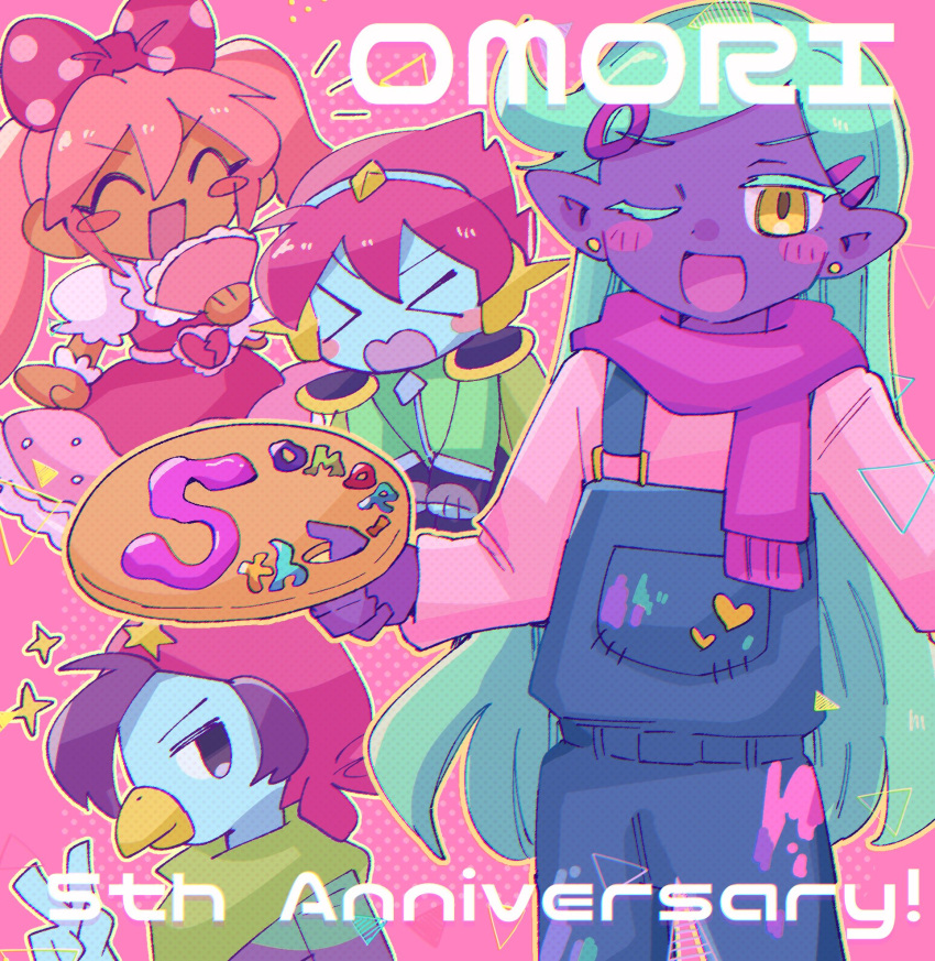 1girl, 3boys, anniversary, blue_overalls, blue_skin, blush, blush_stickers, captain_spaceboy