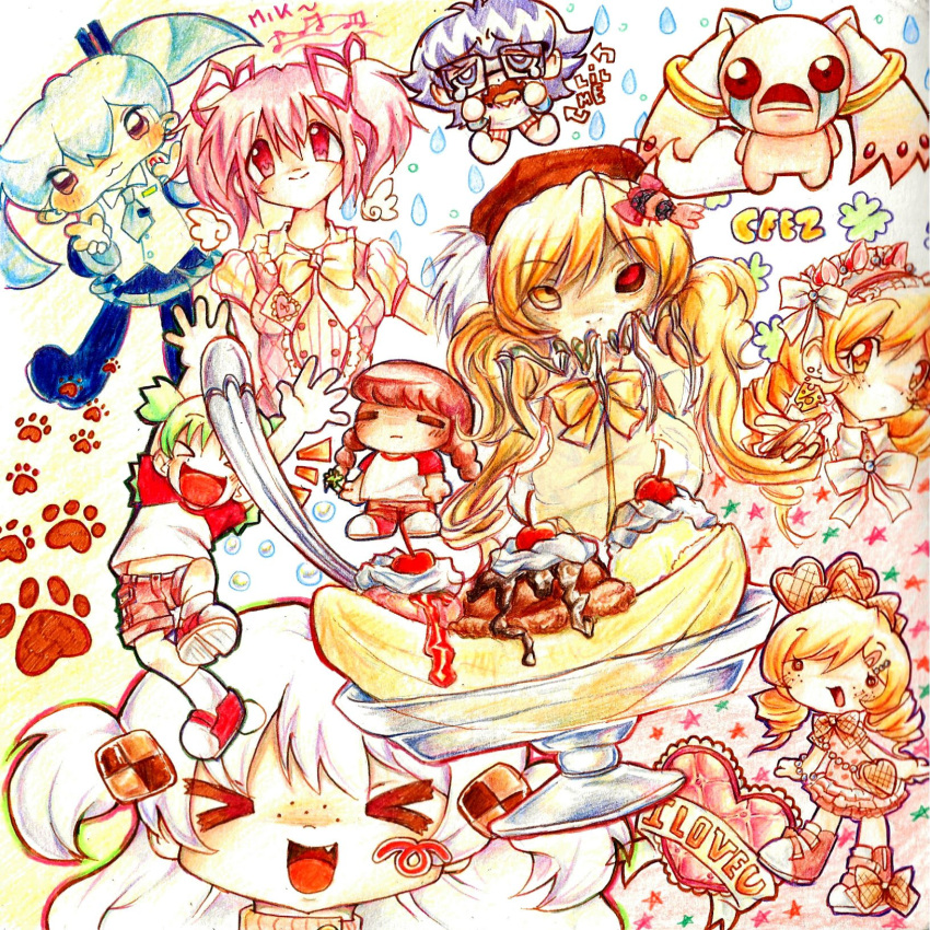 6+girls, artist_self-insert, banana_split, cheese_earrings, chibi, clover, crying, crying_with_eyes_open