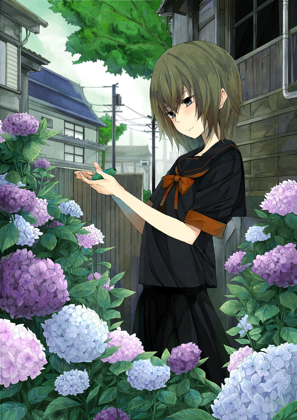 blue_eyes, brown_hair, colored_eyelashes, fence, flower, frog, highres, holding