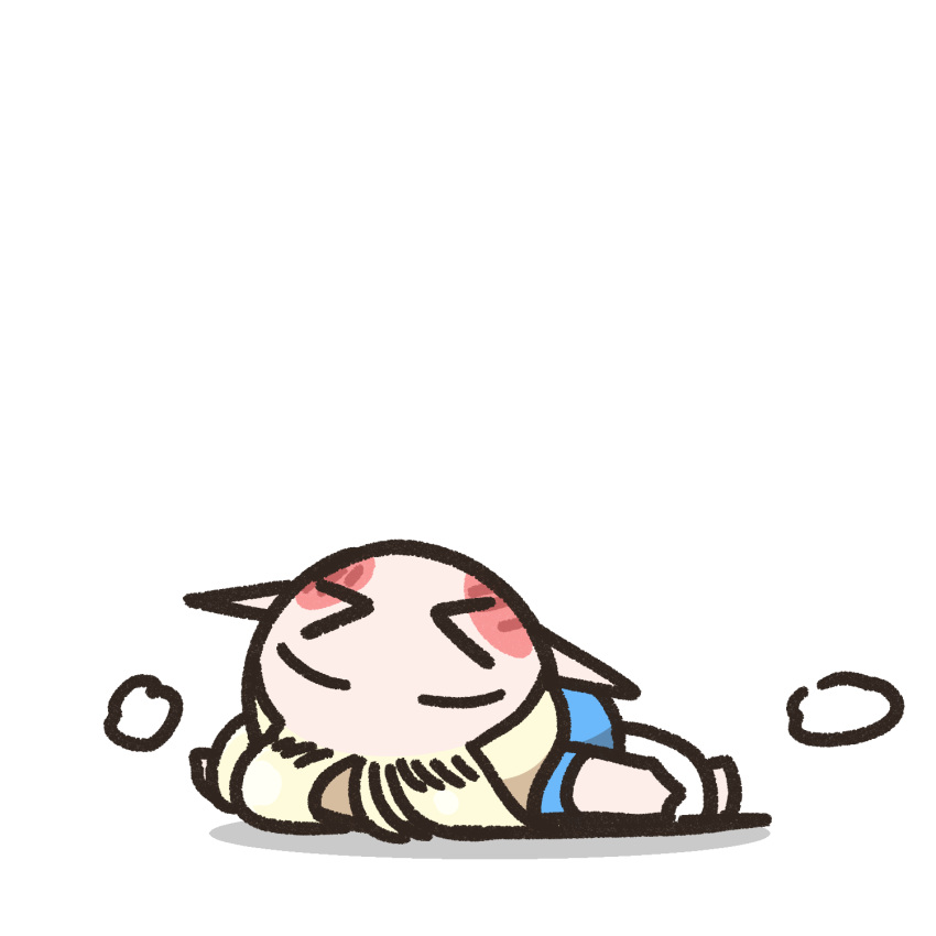 >_<, 1girl, alternate_costume, blonde_hair, blush_stickers, cerestia_of_life, chibi, chibi_only, clooliss, commentary_request, elf, highres, korean_commentary, last_origin, long_hair, lying, on_back, pointy_ears, shirt, simple_background, skirt, solo, very_long_hair, white_background