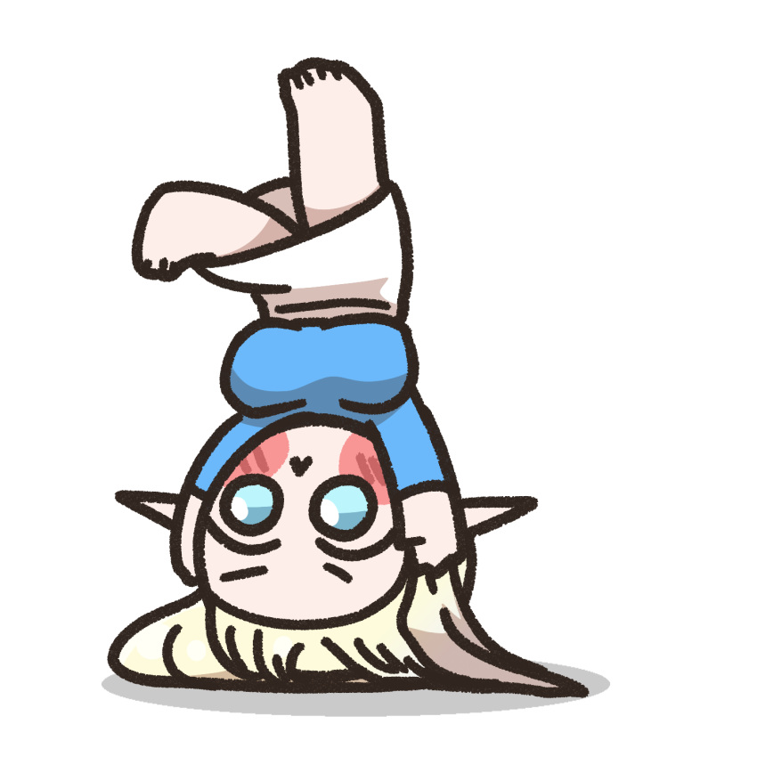 1girl, :<, alternate_costume, blonde_hair, blue_eyes, blush_stickers, breasts, cerestia_of_life, chibi, chibi_only, clooliss, commentary_request, elf, handstand, highres, korean_commentary, large_breasts, last_origin, long_hair, pointy_ears, shirt, simple_background, skirt, solo, very_long_hair, white_background