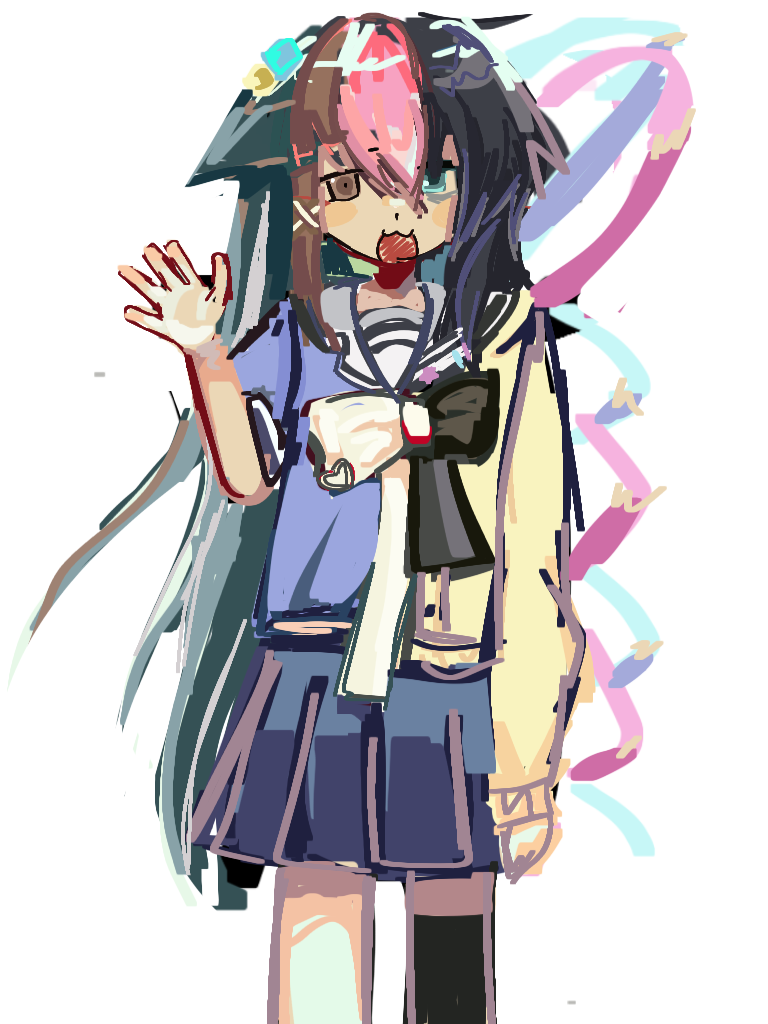 1girl, asymmetrical_legwear, asymmetrical_sleeves, bags_under_eyes, blue_eyes, brown_eyes, femceltron, fusion