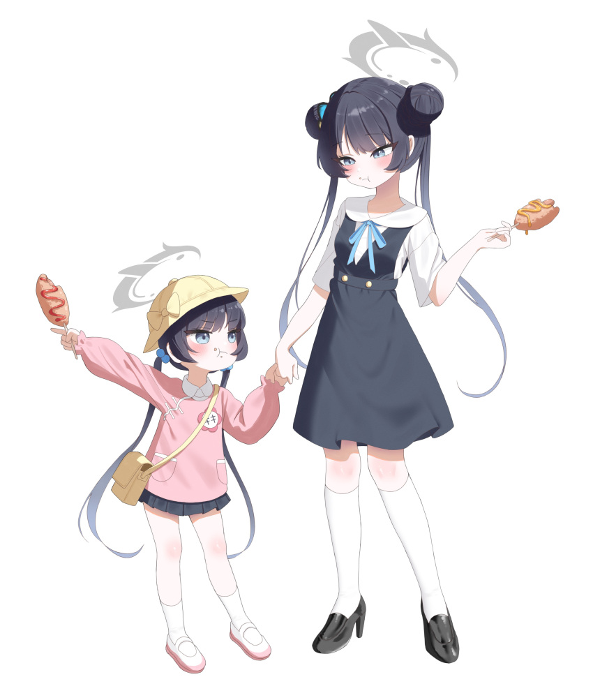 2girls, :t, absurdres, aged_down, alternate_costume, bag, black_dress, black_hair