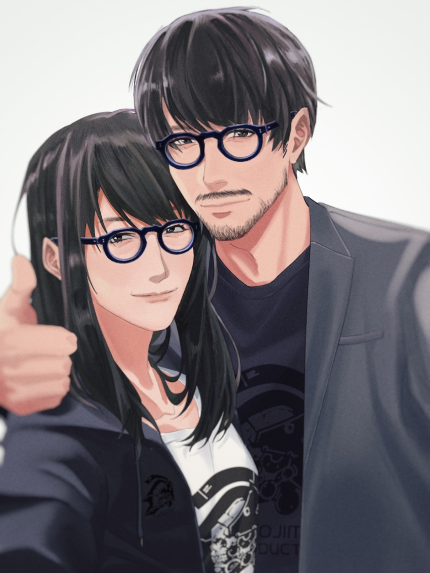 1boy, 1girl, anthonykaen, beard, black-framed_eyewear, black_eyes, black_hair, black_jacket