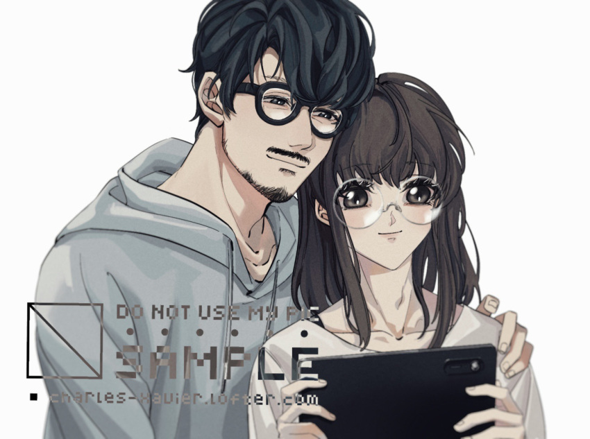 1boy, 1girl, anthonykaen, beard, black-framed_eyewear, black_hair, chinese_commentary, closed_mouthhand_on_another's_shoulder