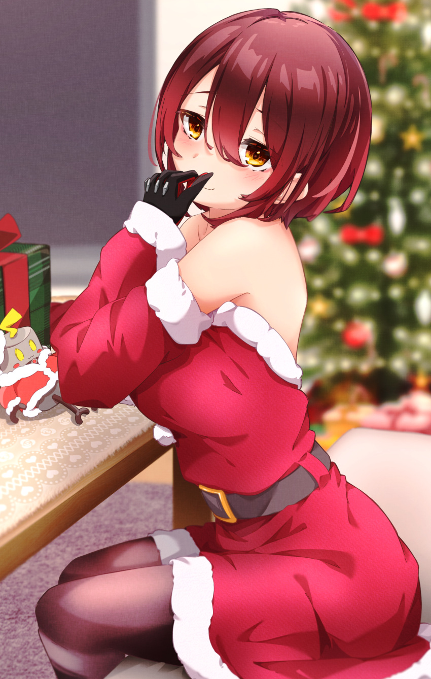 1girl, absurdres, bare_shoulders, belt, black_belt, black_pantyhose, blurry, blurry_background