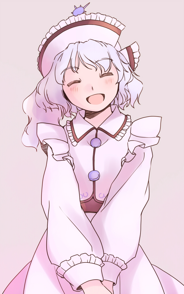 1girl, :d, blush, closed_eyes, commentary_request, cowboy_shot, frilled_cuffs, frilled_hat