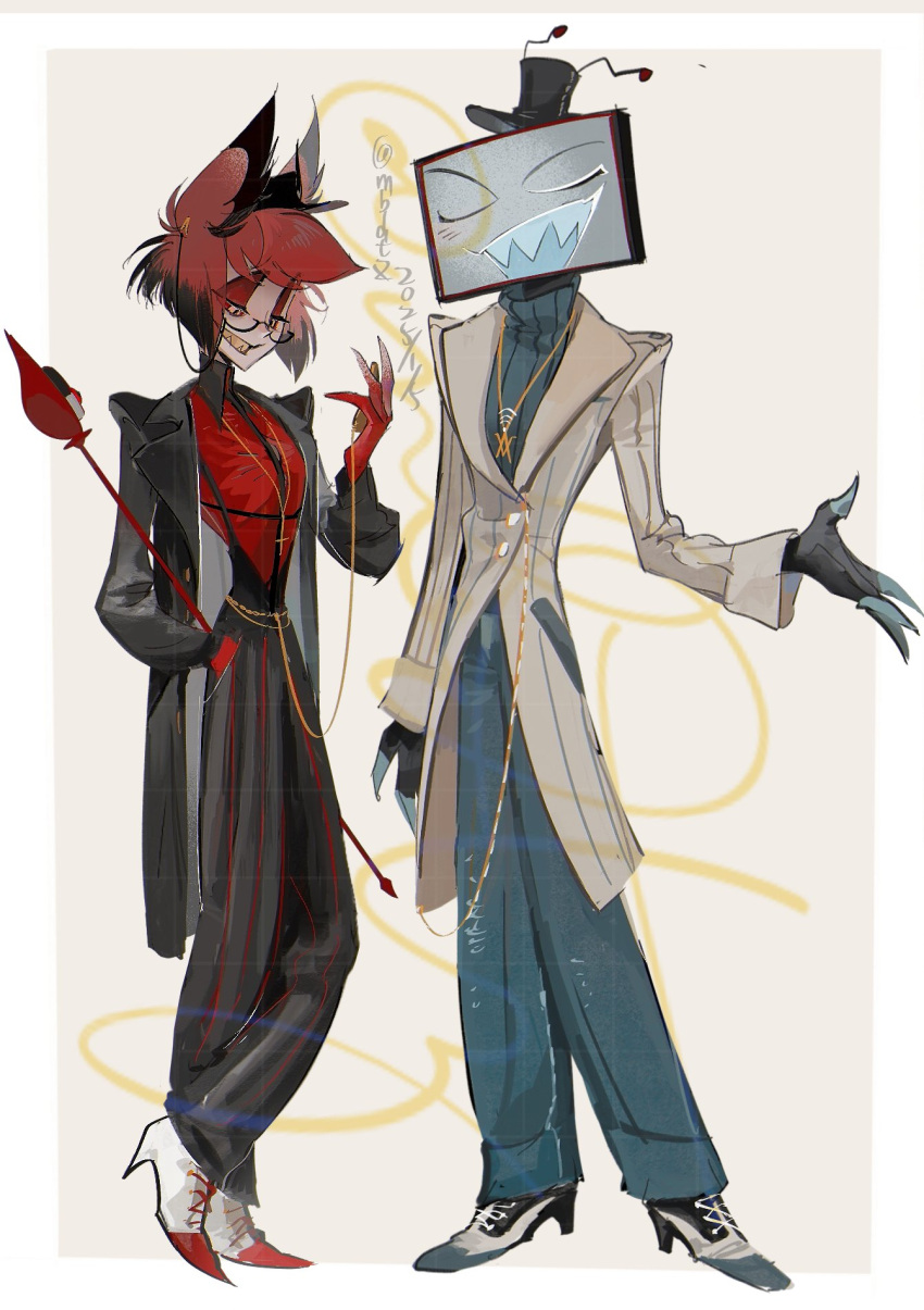 2boys, alastor_(hazbin_hotel), black_coat, casual, coat, demon_boy, hat, hazbin_hotel