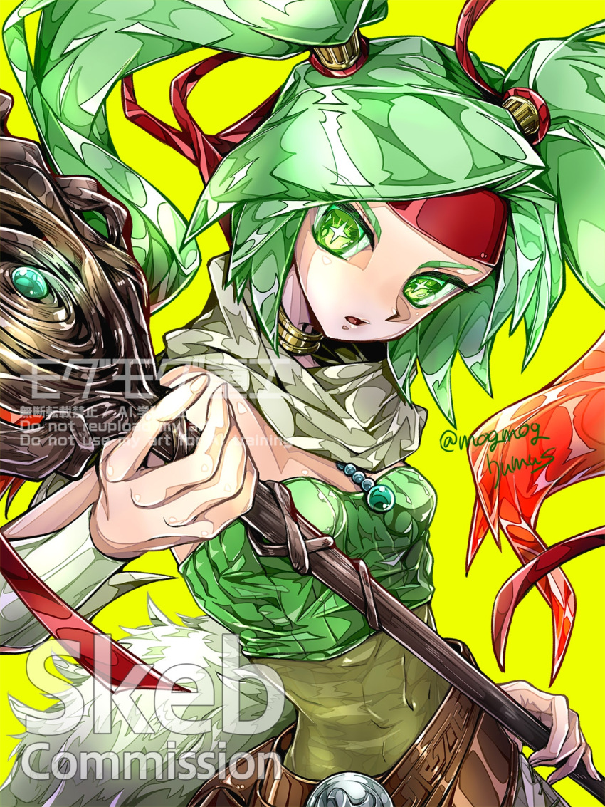 1girl, bare_shoulders, breasts, commission, covered_navel, detached_sleeves, duel_monster, green_eyes