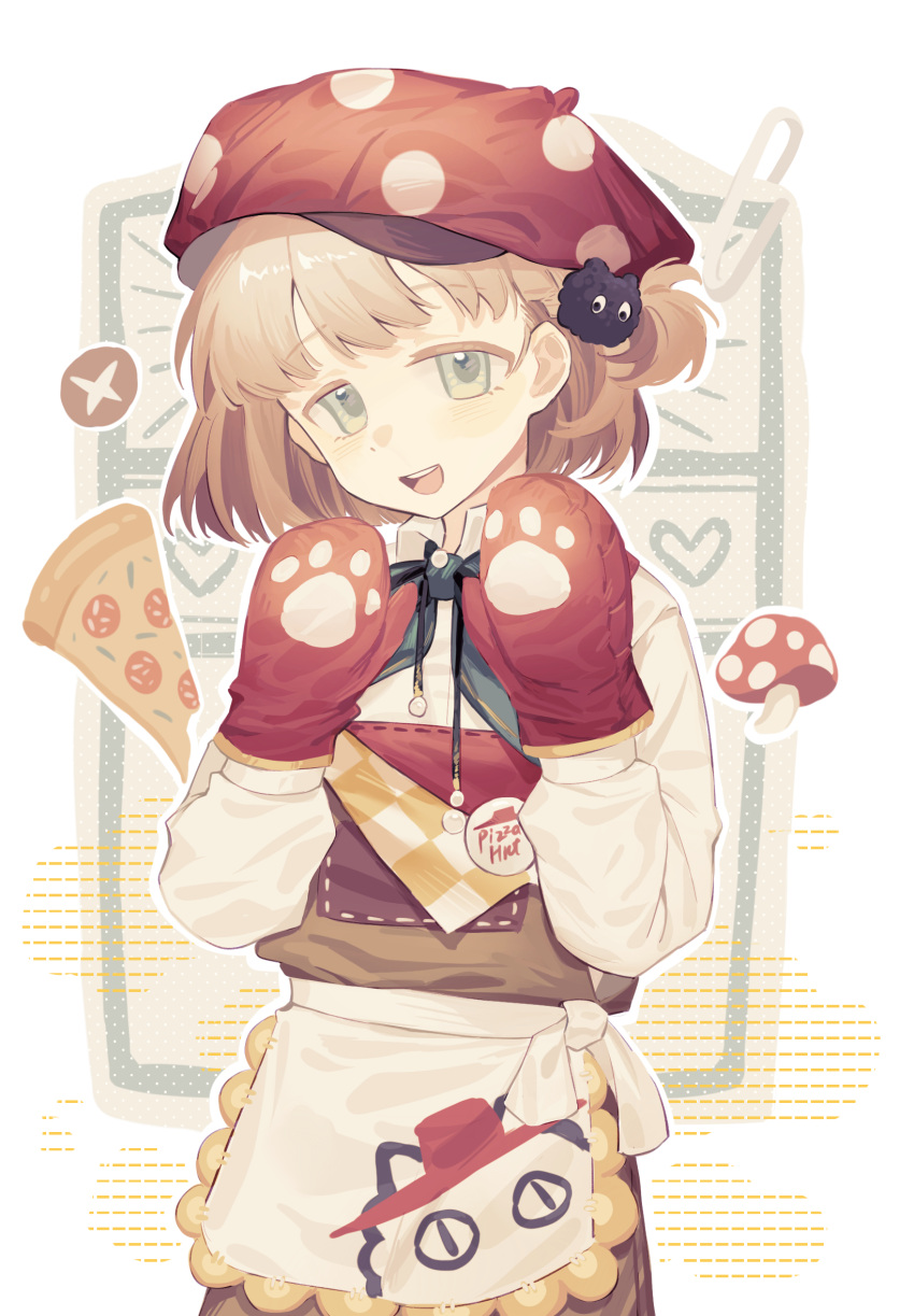 1boy, :d, apron, badge, beret, blonde_hair, blue_eyes, brown_overalls, button_badge, chinese_commentary, commentary_request, ezra_theodore, food, hands_up, hat, highres, male_focus, mingzhaichuan, mittens, mushroom, official_alternate_costume, open_mouth, overalls, pizza, pizza_hut, pizza_slice, red_hat, red_mittens, reverse:1999, shirt, short_hair, smile, upper_body, waist_apron, white_background, white_shirt