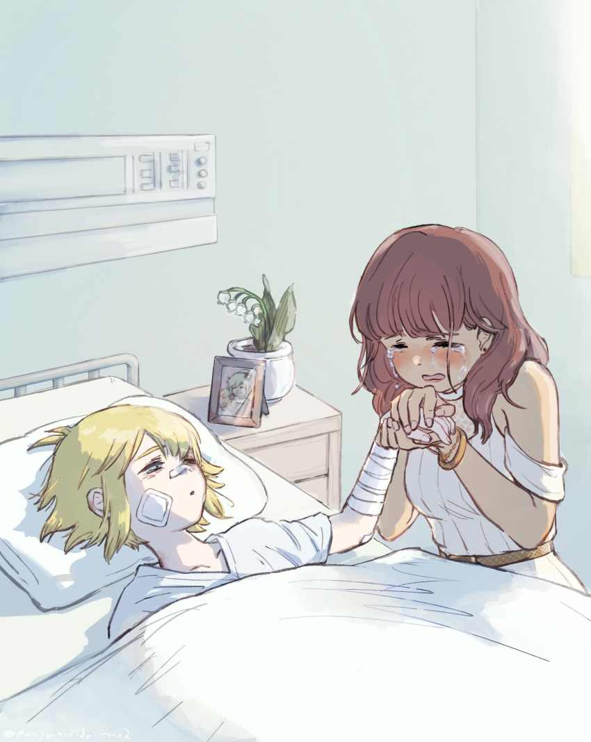 1boy, 1girl, antenna_hair, basil's_grandma_(omori), basil_(faraway)_(omori), basil_(hospital_gown)_(omori), basil_(omori), bed, blonde_hair, blue_eyes, blunt_bangs, blush, breasts, brown_hair, collarbone, commentary_request, crying, dark-skinned_female, dark_skin, ear_piercing, flower, flower_pot, head_on_pillow, highres, hospital_bed, hospital_gown, indoors, lily_of_the_valley, looking_at_another, medium_hair, omori, open_mouth, panyanonidaime, photo_(object), piercing, pillow, plant, polly_(omori), potted_plant, short_hair, short_sleeves, sidelocks, small_breasts, spoilers, sweater, white_sweater