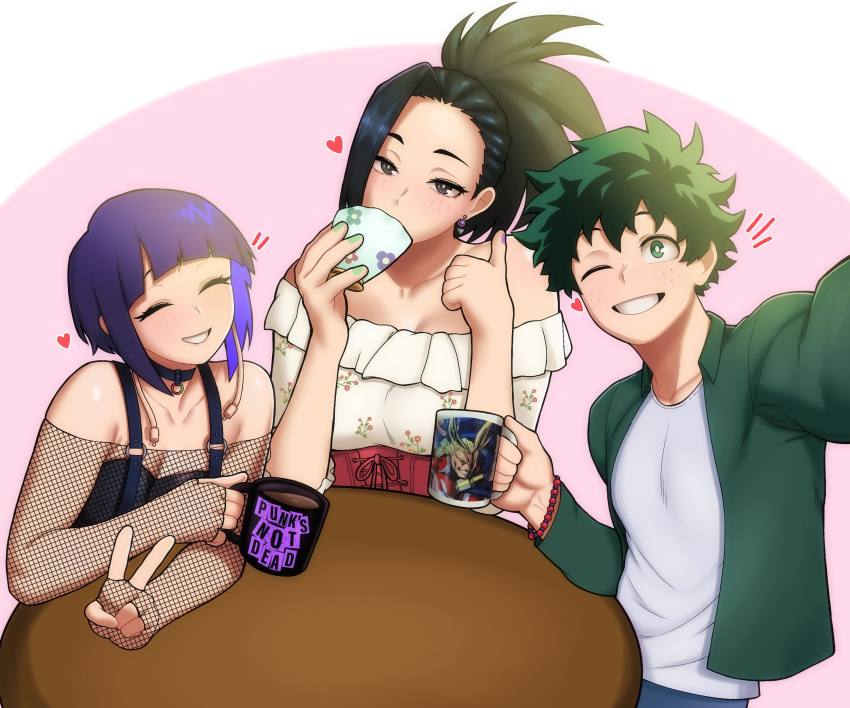 1boy, 2girls, absurdres, all_might, black_hair, boku_no_hero_academia, casual, commentary, cup, dress, english_commentary, evoltodraw, fishnets, green_hair, highres, holding, holding_cup, jiro_kyoka, midoriya_izuku, mug, multiple_girls, purple_hair, table, yaoyorozu_momo
