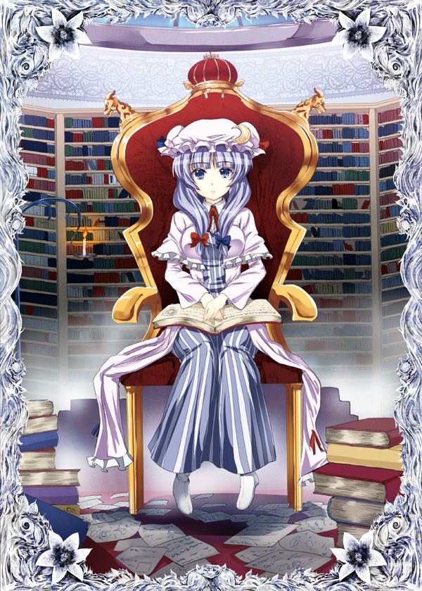chair, dress, gin'ichi_(akacia), gin'ichi_(akacia), hat, library, long_hair, patchouli_knowledge