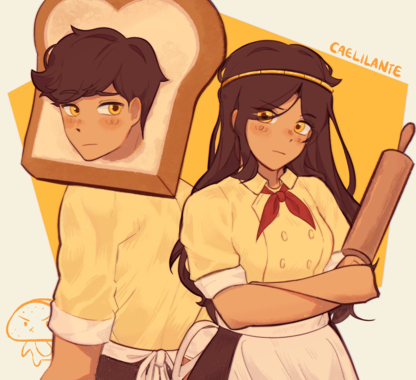 1boy, 1girl, apron, artist_name, biscuit_(omori), black_hair, blush, bread