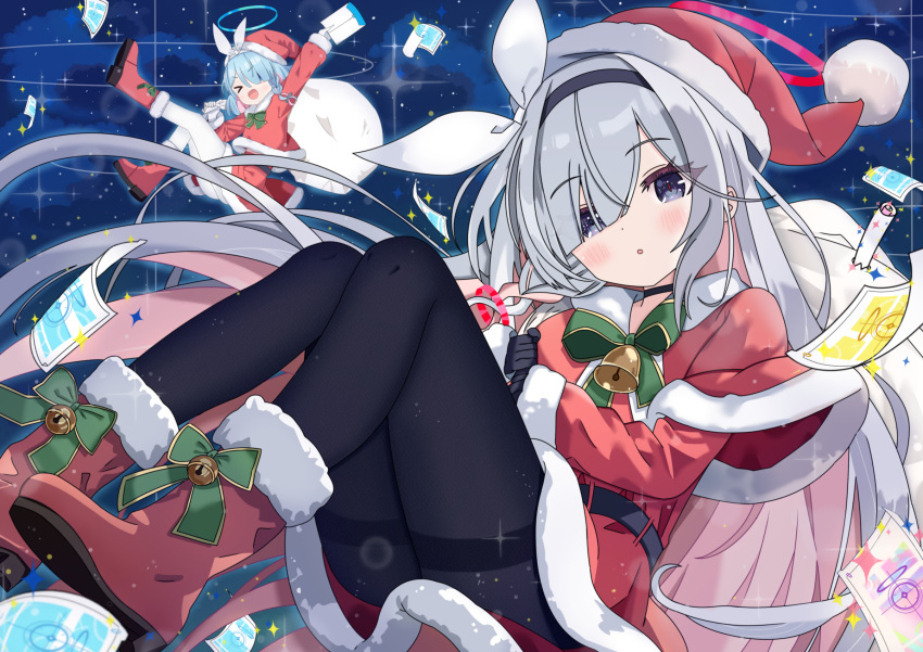 >_<, 2girls, arona_(blue_archive), bell, black_choker, black_hairband, black_pantyhose, blue_archive, blue_hair, blush, boots, choker, commentary_request, floating, full_body, green_ribbon, grey_eyes, hairband, hat, highres, holding, holding_sack, long_hair, looking_at_viewer, masushi_masashi, multicolored_hair, multiple_girls, outdoors, pantyhose, paper, parted_lips, pink_hair, plana_(blue_archive), pom_pom_(clothes), red_boots, ribbon, sack, santa_costume, santa_hat, short_hair, star_(sky), thighband_pantyhose, two-tone_hair, white_hair, white_hairband, white_pantyhose