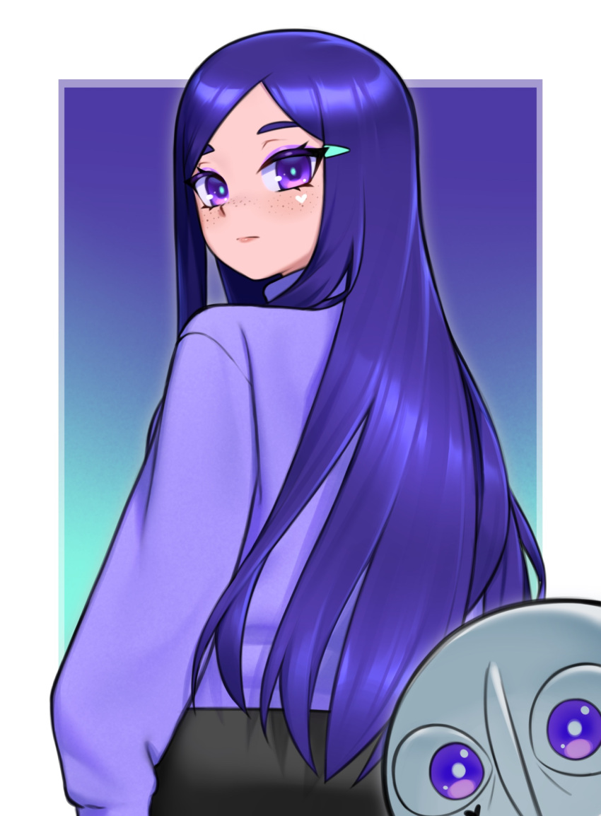 1girl, black_pants, closed_mouth, commentary, english_commentary, expressionless, freckles, from_side, highres, hunybee, long_hair, looking_at_viewer, looking_back, makeup, original, pants, purple_hair, purple_sweater, solo, sweater, violet_eyes