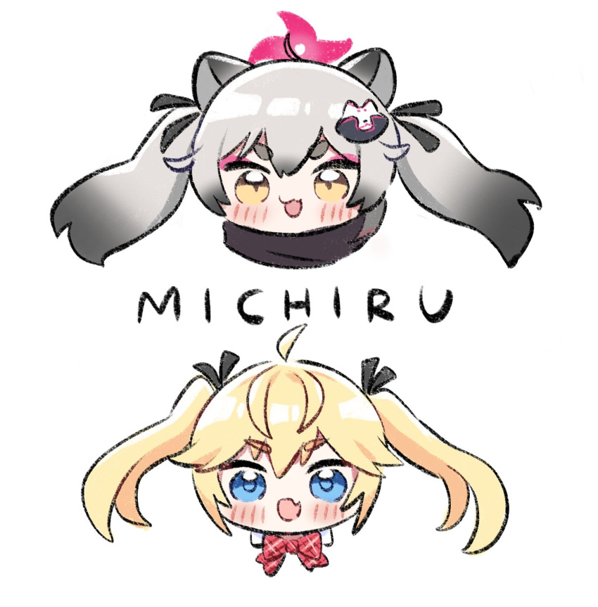 2girls, :3, :d, ahoge, animal_ears, black_ribbon, black_scarf, blonde_hair, blue_archive, blue_eyes, blush, bow, bowtie, character_name, commentary_request, eyeshadow, fang, grey_hair, grisaia_(series), grisaia_no_kajitsu, hair_between_eyes, hair_ribbon, halo, harunatsu_(nekoneko_haruka), highres, long_hair, look-alike, looking_at_viewer, makeup, matsushima_michiru, michiru_(blue_archive), mizuhashi_kaori, multiple_girls, name_connection, open_mouth, pink_eyeshadow, pink_halo, plaid_bow, plaid_bowtie, plaid_clothes, portrait, raccoon_ears, raccoon_girl, raccoon_hair_ornament, red_bow, red_bowtie, ribbon, scarf, sidelocks, simple_background, skin_fang, smile, thick_eyebrows, twintails, v-shaped_eyebrows, voice_actor_connection, white_background, yellow_eyes