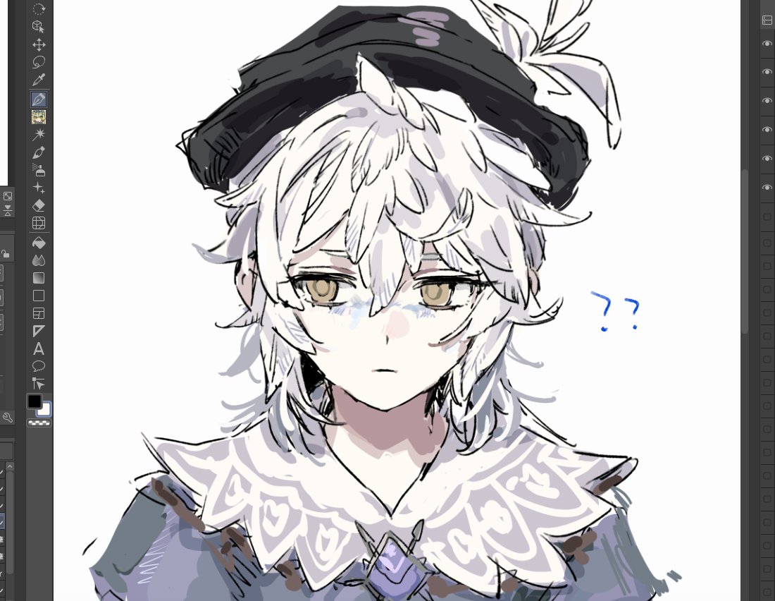1boy, ?, art_program_in_frame, black_hat, blue_facepaint, blue_shirt, closed_mouth, commentary_request