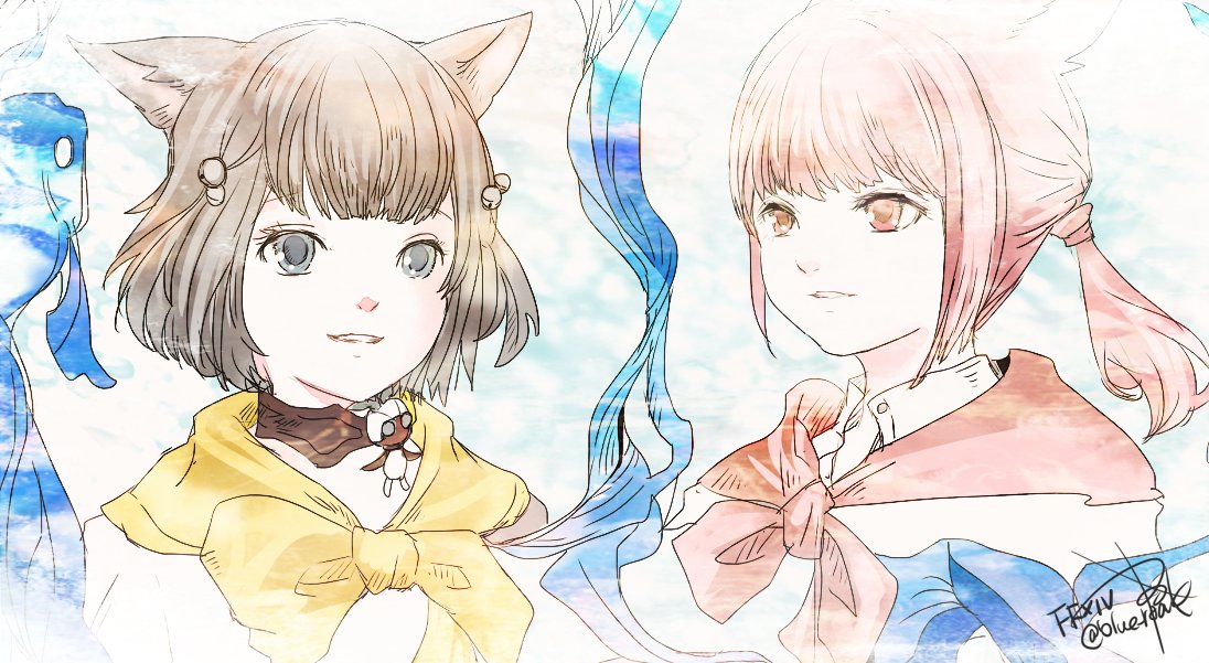 2girls, animal_ears, blue_eyes, brown_choker, brown_hair, cat_ears, choker, commentary