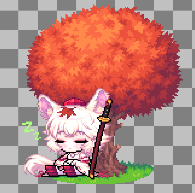 1girl, against_tree, animal_ear_fluff, animal_ears, checkered_background, chibi, closed_eyes, commentary_request