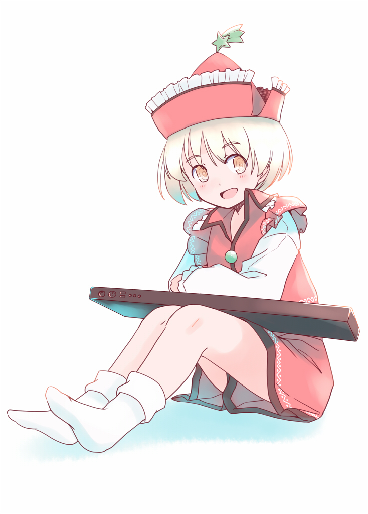 1girl, :d, blonde_hair, blush, collared_vest, commentary_request, frilled_hat, frilled_vest_collar