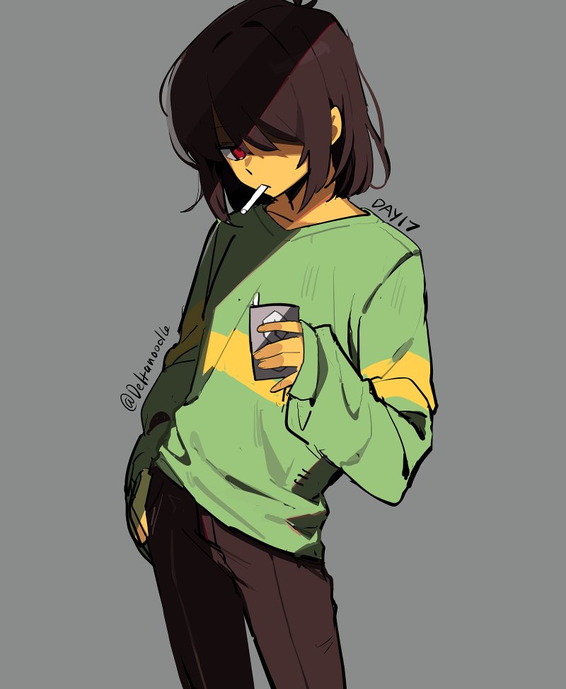 1other, \||/, antenna_hair, bob_cut, brown_hair, brown_pants, cigarette, closed_mouth, collarbone, colored_skin, commentary, contrapposto, cowboy_shot, deltanoodle, deltarune, english_commentary, fingernails, green_shirt, grey_background, hair_over_one_eye, hand_on_own_hip, hand_up, holding, holding_lighter, kris_(deltarune), lighter, long_sleeves, looking_at_viewer, mouth_hold, one_eye_covered, other_focus, pants, puffy_long_sleeves, puffy_sleeves, red_eyes, shaded_face, shirt, short_hair, sidelocks, simple_background, sleeves_past_wrists, solo, standing, striped_clothes, striped_shirt, twitter_username, two-tone_shirt, utdr_(toby_fox), yellow_shirt, yellow_skin